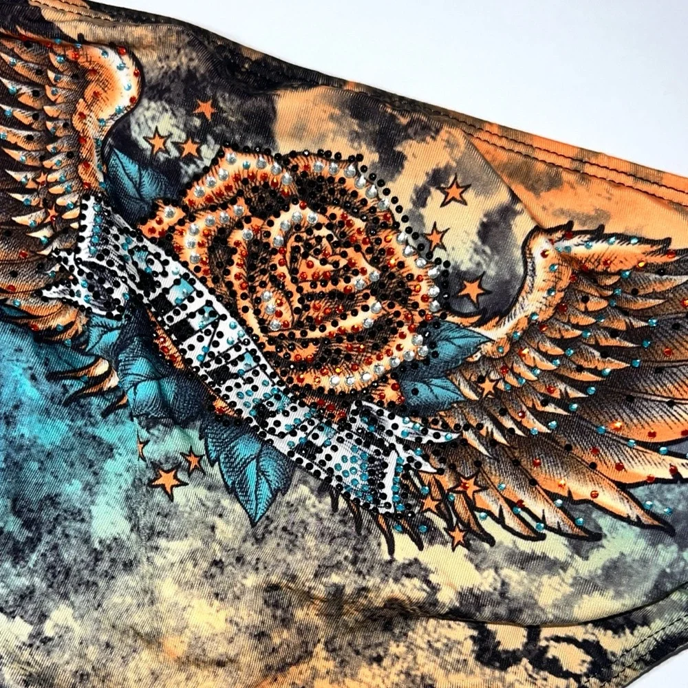 Sinful by Affliction Bikini Bottom Studded Heart Tiger Rhinestone Blue M